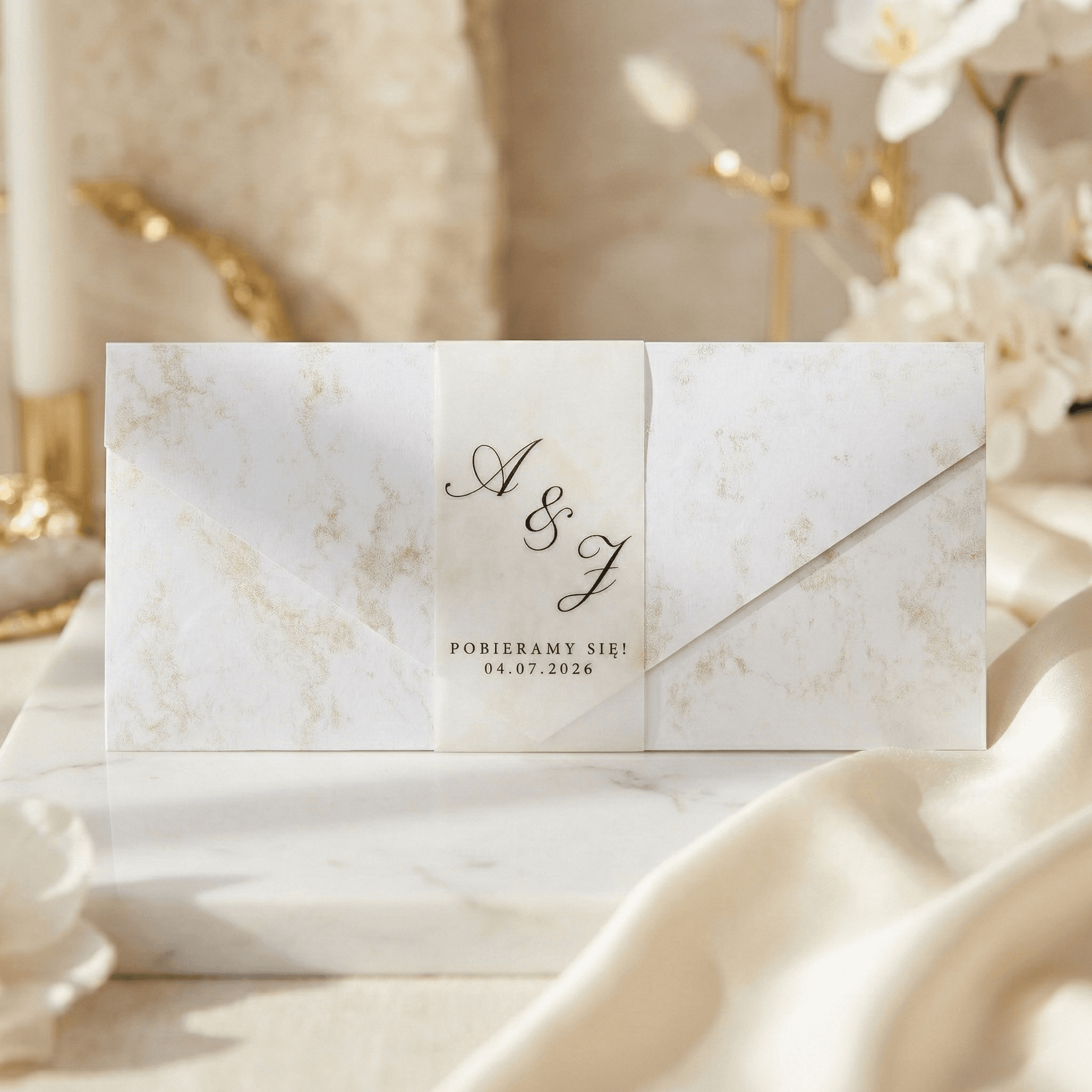 Zaproszenie ślubne z kolekcji Gold Glamour — papier marmurkowy ze złotymi żyłkami, monogram pary młodej, eleganckie typograficzne wykończenie